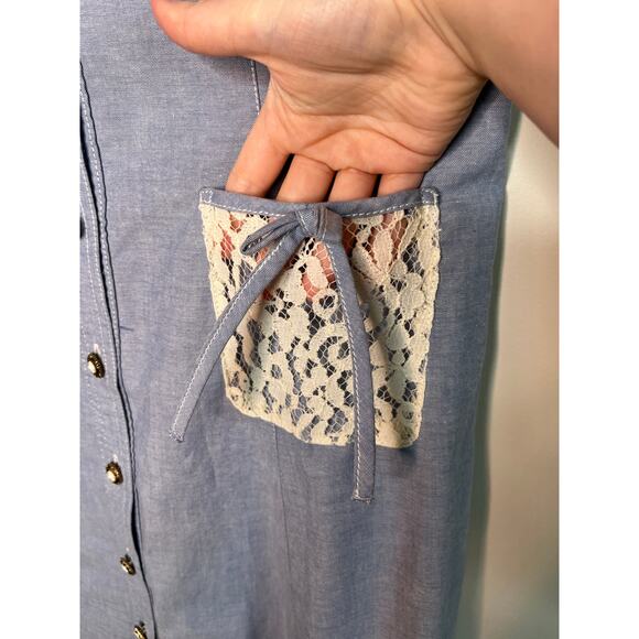 1990s Lacy After Noon Denim Chambray Coquette Cottage Floral Lace Maxi Dress L - Picture 4 of 8